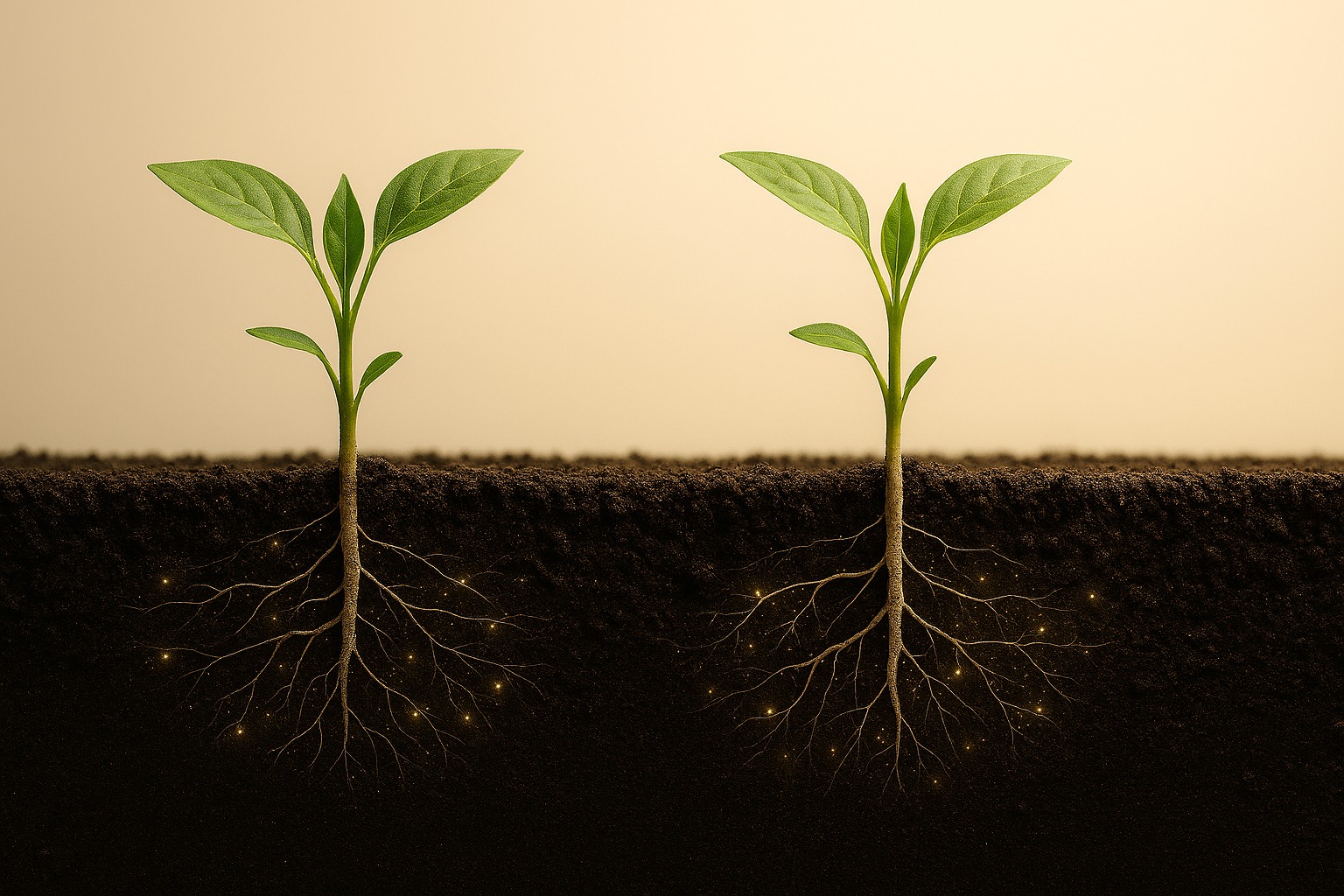 plantas jovens com raízes parcialmente aparentes, solo bem estruturado e texturizado. Filamentos finos sugerem fungos micorrízicos conectando-se às raízes, enquanto partículas microscópicas brilham discretamente indicando extratos vegetais, enzimas e ácidos húmicos em ação. Luz de fundo suave criando atmosfera de vitalidade e sustentabilidade.